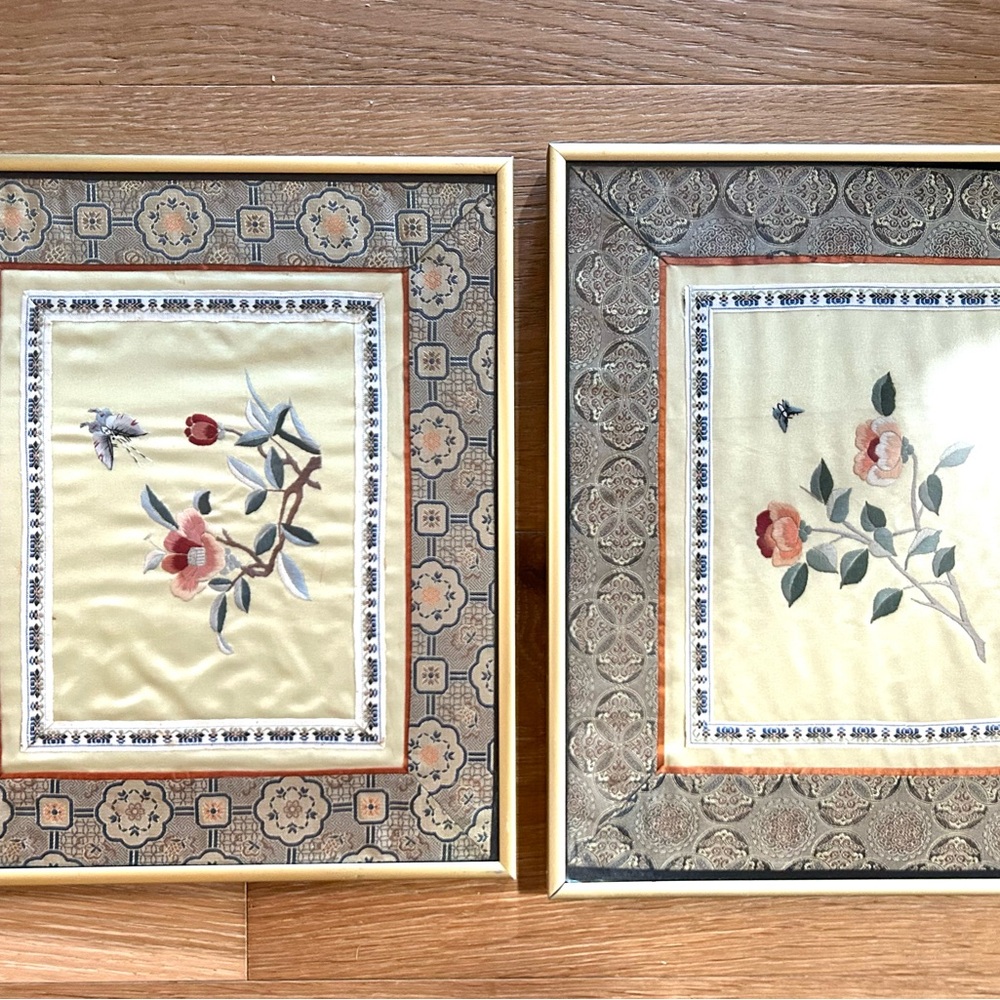 Vintage Asian silk embroidered Art Set with Gold Frames.